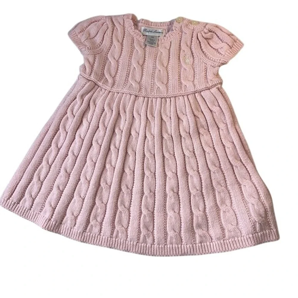 Ralph Lauren Baby‎ Girls Pink Cable Knit Sweater Dress Short Sleeve 6M Pony Logo